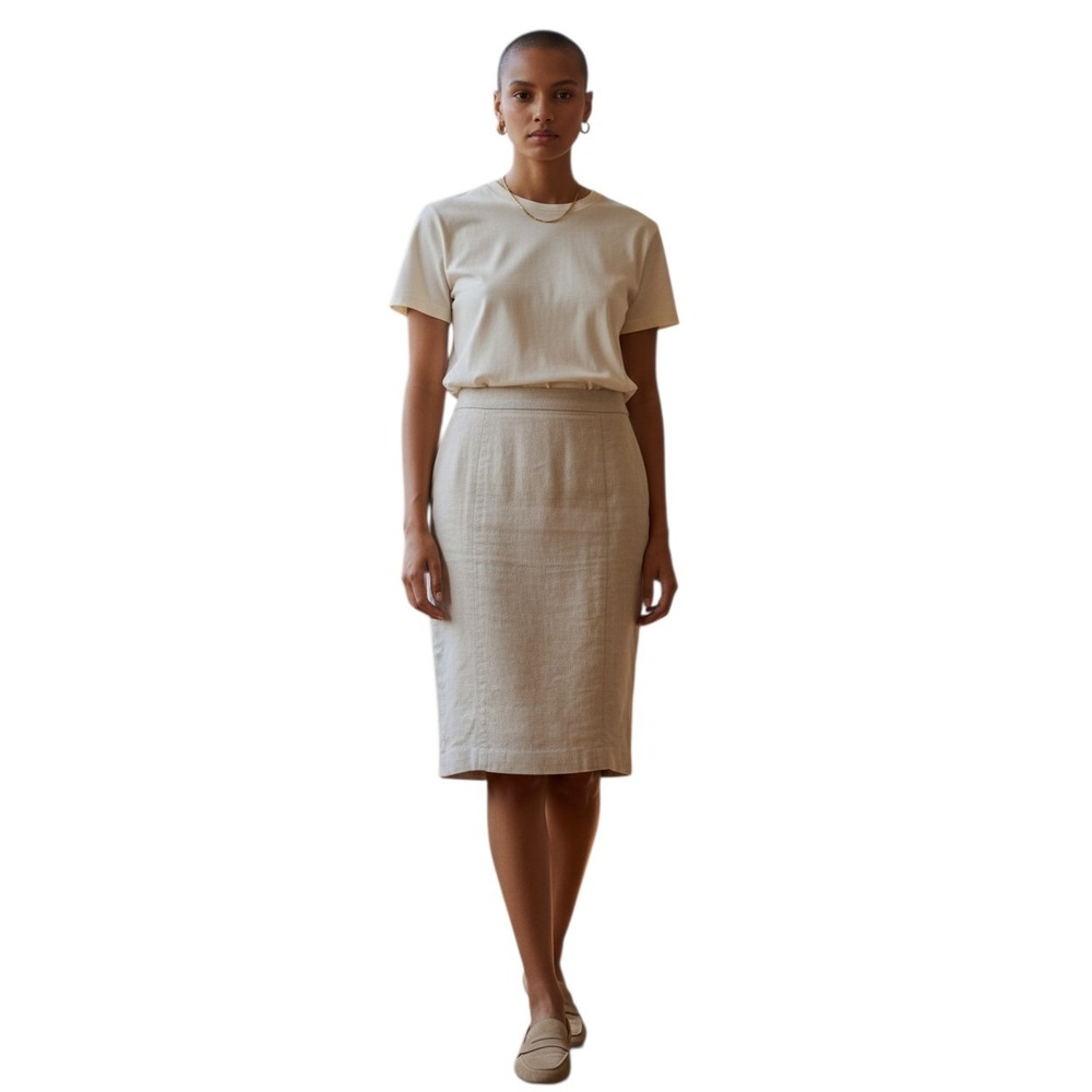 Philippe Adec 100% Linen Skirt Women's 10/44 Beige Knee Length Pencil Side Zip